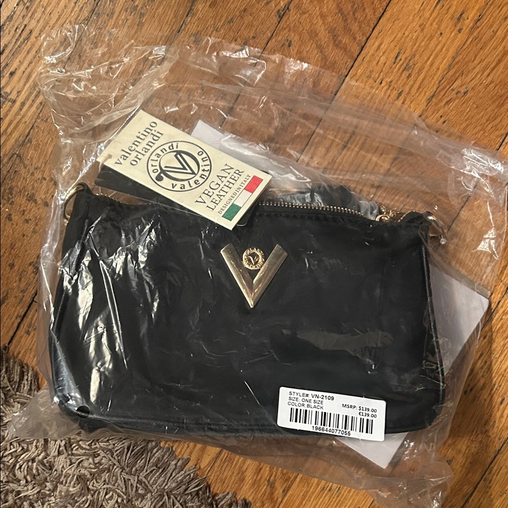 NWT Valentino Orlandi Black Vegan Leather Bag and wallet with Gold Accent